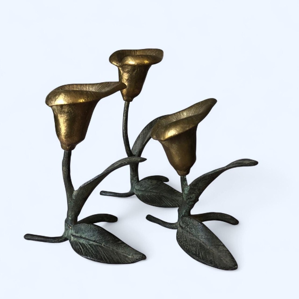 Vintage Verdigris Calla Lily Flower Leaves Brass Candlestick Candle Holder MCM